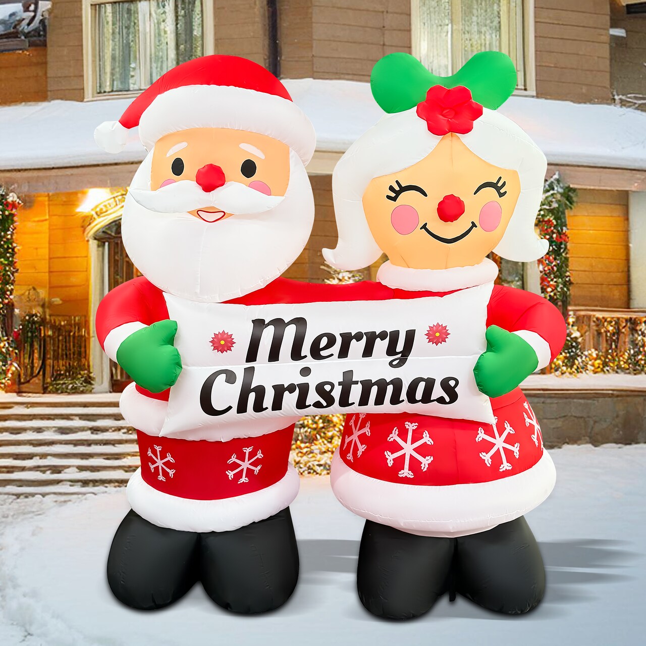 GOOSH 7FT Santa and Mrs. Claus Inflatable Holding “Happy Holidays” Sign with LED Lights